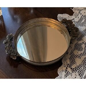 Vintage Round Mirrored Vanity Tray Gold Tone Pierced Metal Rose Flower Handles